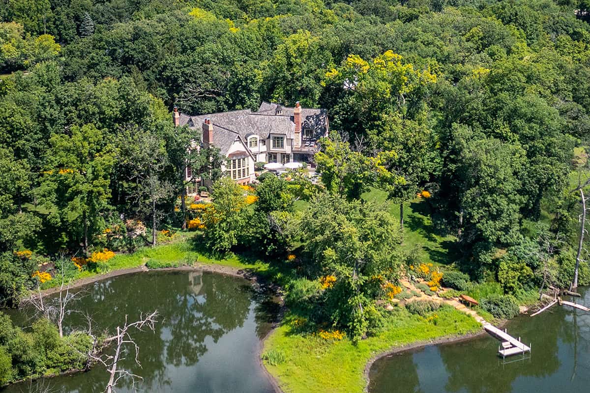overhead drone shot of lakeside planting